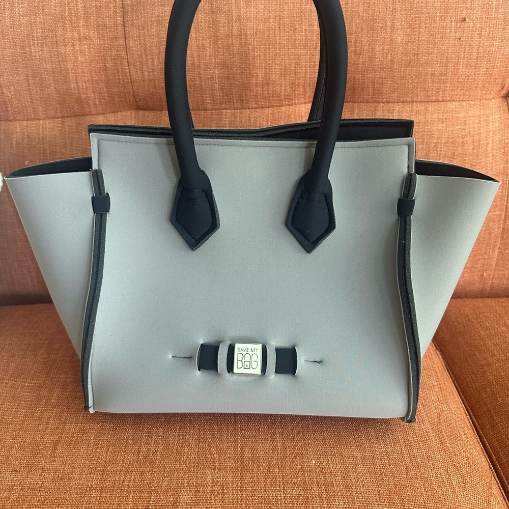 Gray and Black Satchel with Trapezoid Design